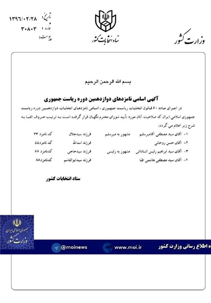 اسامی و کد انتخاباتی نامزدهای انتخابات ریاست جمهوری منتشر شد/ رقابت 4 نامزد برای تصاحب پست ریاست جمهوری اسامی و کد انتخاباتی نامزدهای انتخابات ریاست جمهوری منتشر شد/ رقابت 4 نامزد برای تصاحب پست ریاست جمهوری